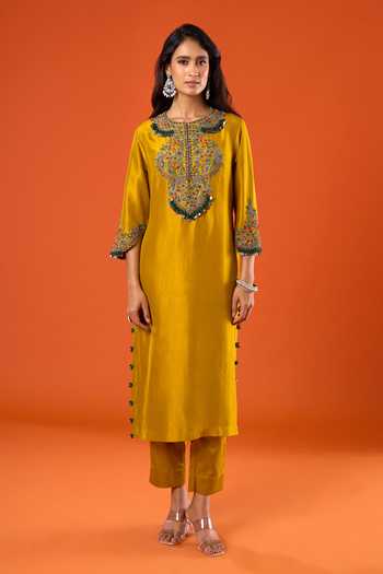 Shop_Prisho_Yellow Embroidery Round Neck Kurta Pant Set _Online_at_Aza_Fashions