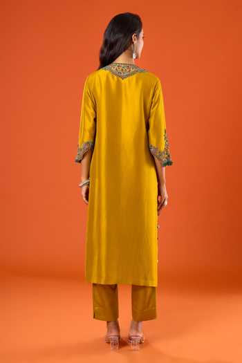 Prisho_Yellow Embroidery Round Neck Kurta Pant Set _Online_at_Aza_Fashions