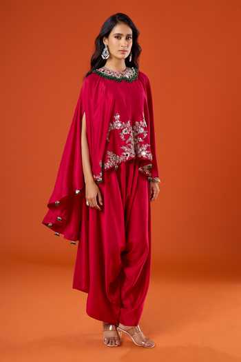 Buy_Prisho_Red Mirrors, Embroidery High Neck Work Kaftan And Pant Set _Online_at_Aza_Fashions
