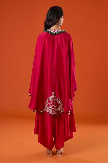 Prisho_Red Mirrors, Embroidery High Neck Work Kaftan And Pant Set _Online_at_Aza_Fashions