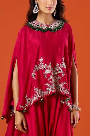 Prisho_Red Mirrors, Embroidery High Neck Work Kaftan And Pant Set _at_Aza_Fashions