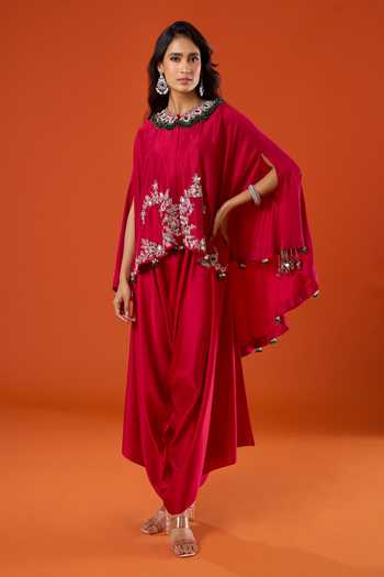 Shop_Prisho_Red Mirrors, Embroidery High Neck Work Kaftan And Pant Set 
