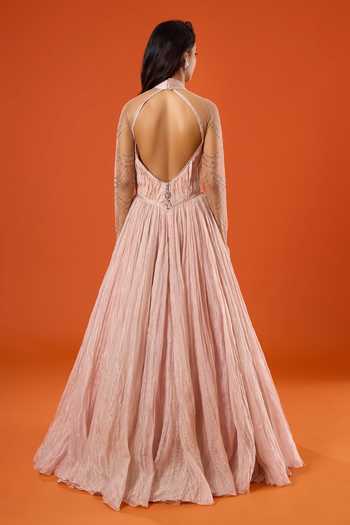 Tarun Tahiliani_Pink Stones Plunge Neck Embellished Gown _Online_at_Aza_Fashions