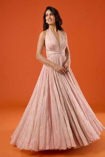 Buy_Tarun Tahiliani_Pink Stones Plunge Neck Embellished Gown _Online_at_Aza_Fashions