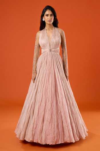 Shop_Tarun Tahiliani_Pink Stones Plunge Neck Embellished Gown _Online_at_Aza_Fashions