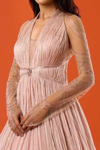 Tarun Tahiliani_Pink Stones Plunge Neck Embellished Gown _at_Aza_Fashions