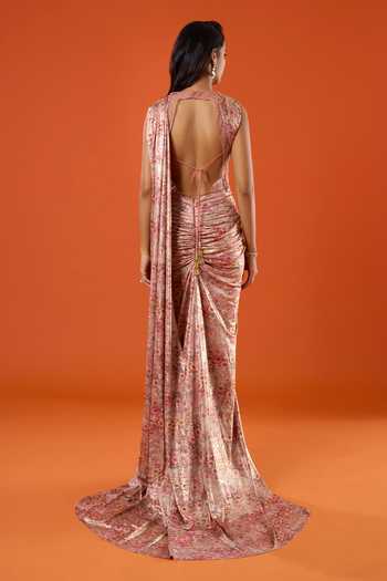 Tarun Tahiliani_Pink Tassels V-neck Floral Pattern Saree Gown _Online_at_Aza_Fashions