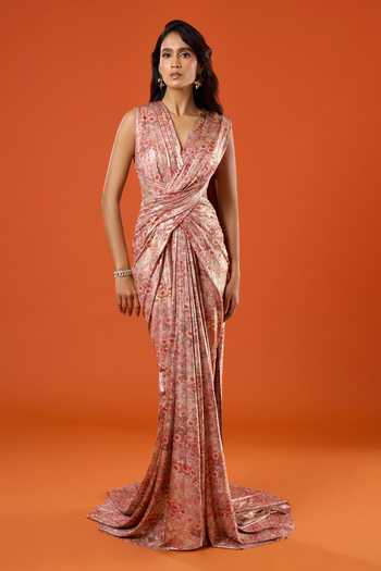 Buy_Tarun Tahiliani_Pink Tassels V-neck Floral Pattern Saree Gown _Online_at_Aza_Fashions