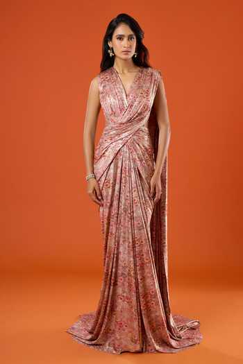 Shop_Tarun Tahiliani_Pink Tassels V-neck Floral Pattern Saree Gown _Online_at_Aza_Fashions