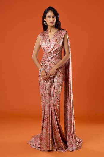 Tarun Tahiliani_Pink Tassels V-neck Floral Pattern Saree Gown _at_Aza_Fashions