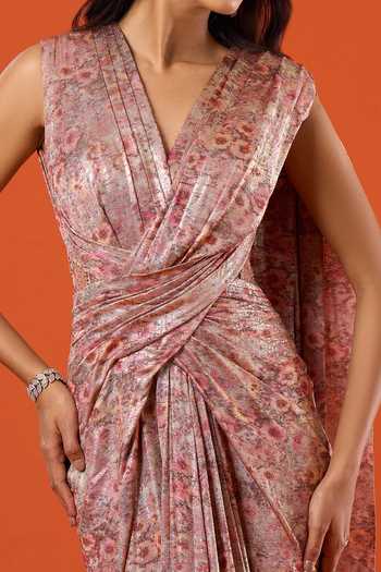 Buy_Tarun Tahiliani_Pink Tassels V-neck Floral Pattern Saree Gown 