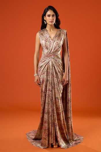 Buy_Tarun Tahiliani_Gold V-neck Flower Pattern Saree Gown _Online_at_Aza_Fashions