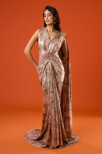 Shop_Tarun Tahiliani_Gold V-neck Flower Pattern Saree Gown _Online_at_Aza_Fashions