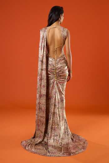 Tarun Tahiliani_Gold V-neck Flower Pattern Saree Gown _Online_at_Aza_Fashions