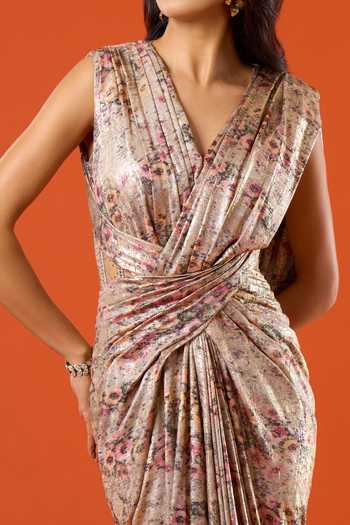 Buy_Tarun Tahiliani_Gold V-neck Flower Pattern Saree Gown 