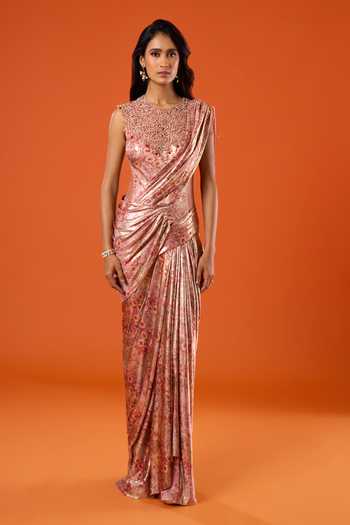 Buy_Tarun Tahiliani_Pink Embroidery, Sequins, Beads, Tassels Round Neck Floral Print Draped Dress _Online_at_Aza_Fashions