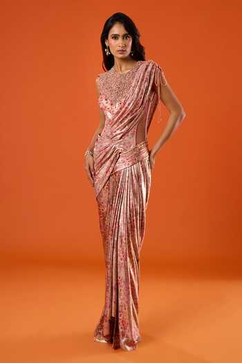 Shop_Tarun Tahiliani_Pink Embroidery, Sequins, Beads, Tassels Round Neck Floral Print Draped Dress _Online_at_Aza_Fashions