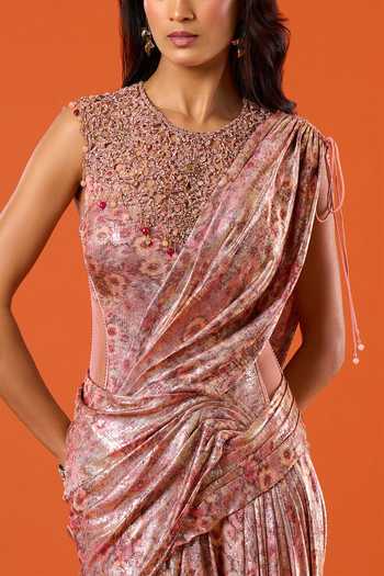 Buy_Tarun Tahiliani_Pink Embroidery, Sequins, Beads, Tassels Round Neck Floral Print Draped Dress 