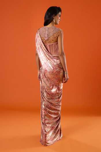 Tarun Tahiliani_Pink Embroidery, Sequins, Beads, Tassels Round Neck Floral Print Draped Dress _Online_at_Aza_Fashions