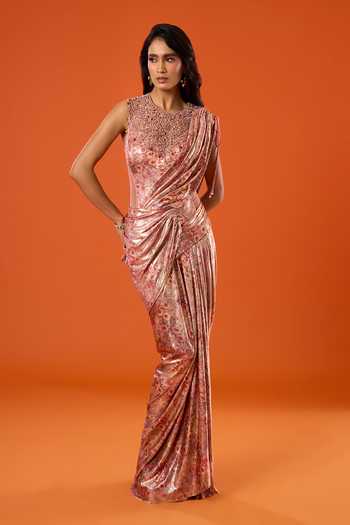 Buy_Tarun Tahiliani_Pink Embroidery, Sequins, Beads, Tassels Round Neck Floral Print Draped Dress _at_Aza_Fashions