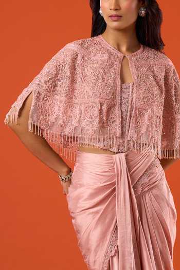 Buy_Tarun Tahiliani_Pink Embroidery, Sequins Round , Bandeau Work Cape Skirt Set _Online_at_Aza_Fashions