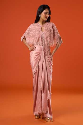 Shop_Tarun Tahiliani_Pink Embroidery, Sequins Round , Bandeau Work Cape Skirt Set _Online_at_Aza_Fashions