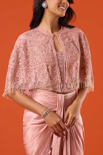 Tarun Tahiliani_Pink Embroidery, Sequins Round , Bandeau Work Cape Skirt Set _at_Aza_Fashions