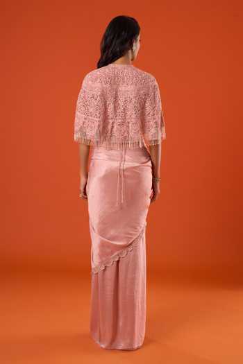 Tarun Tahiliani_Pink Embroidery, Sequins Round , Bandeau Work Cape Skirt Set _Online_at_Aza_Fashions