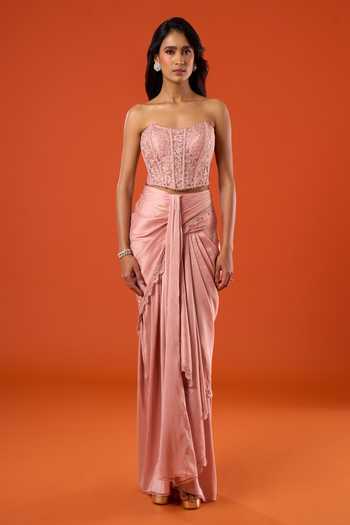 Buy_Tarun Tahiliani_Pink Embroidery, Sequins Round , Bandeau Work Cape Skirt Set 