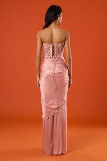 Shop_Tarun Tahiliani_Pink Embroidery, Sequins Round , Bandeau Work Cape Skirt Set 