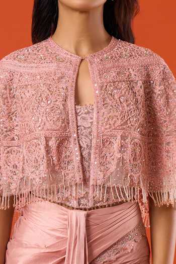 Tarun Tahiliani_Pink Embroidery, Sequins Round , Bandeau Work Cape Skirt Set _Online
