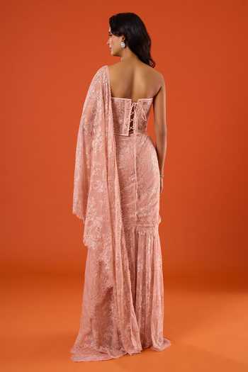 Tarun Tahiliani_Pink Sequins, Beads, Stones Sweetheart Pre-draped Saree With Embroidered Corset _Online_at_Aza_Fashions