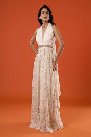 Buy_Tarun Tahiliani_Ivory Embroidery Halter Neck Thread Gown _Online_at_Aza_Fashions
