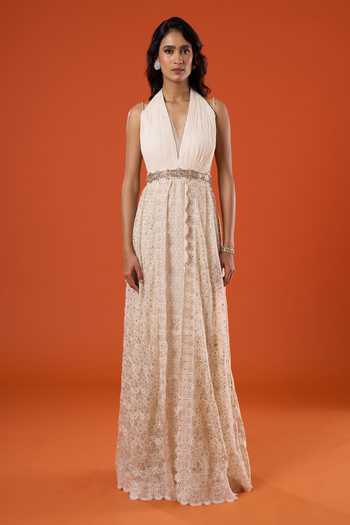 Shop_Tarun Tahiliani_Ivory Embroidery Halter Neck Thread Gown _Online_at_Aza_Fashions