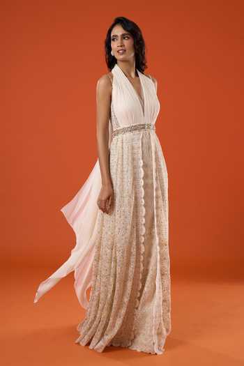 Tarun Tahiliani_Ivory Embroidery Halter Neck Thread Gown _at_Aza_Fashions