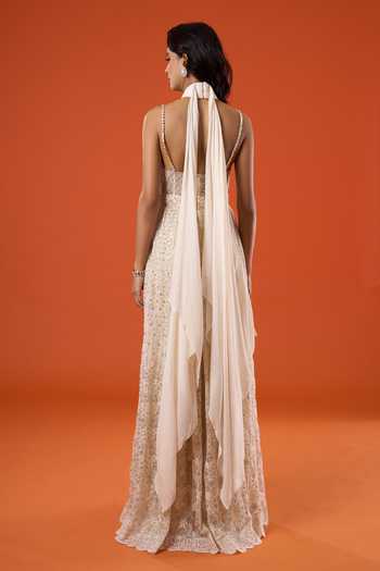 Tarun Tahiliani_Ivory Embroidery Halter Neck Thread Gown _Online_at_Aza_Fashions