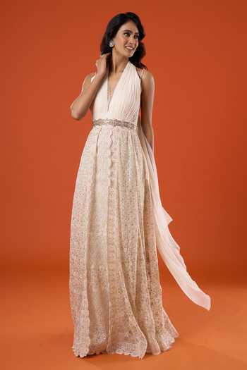 Buy_Tarun Tahiliani_Ivory Embroidery Halter Neck Thread Gown _at_Aza_Fashions