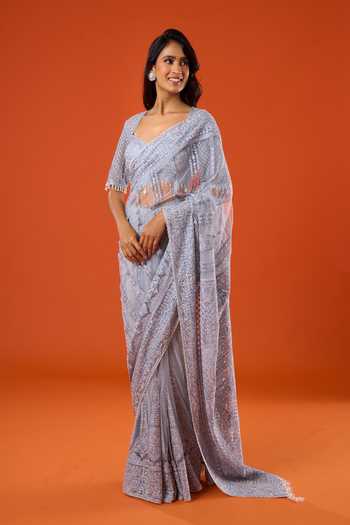 Buy_Tarun Tahiliani_Blue Embroidery, Pearls Sweetheart Neck Lace Saree And Blouse Set _Online_at_Aza_Fashions