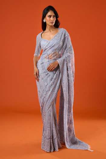 Shop_Tarun Tahiliani_Blue Embroidery, Pearls Sweetheart Neck Lace Saree And Blouse Set _Online_at_Aza_Fashions