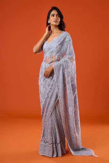 Tarun Tahiliani_Blue Embroidery, Pearls Sweetheart Neck Lace Saree And Blouse Set _at_Aza_Fashions