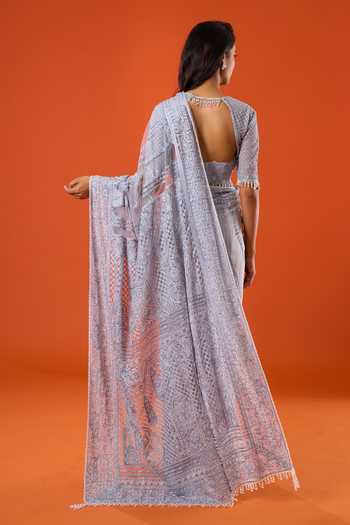 Tarun Tahiliani_Blue Embroidery, Pearls Sweetheart Neck Lace Saree And Blouse Set _Online_at_Aza_Fashions