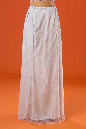 Buy_Tarun Tahiliani_Blue Embroidery, Pearls Sweetheart Neck Lace Saree And Blouse Set 