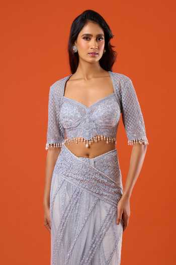 Shop_Tarun Tahiliani_Blue Embroidery, Pearls Sweetheart Neck Lace Saree And Blouse Set 