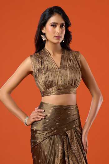Buy_Tarun Tahiliani_Gold Zari, Sequins, Beads, Stones Floral Woven Pre-draped Saree With Blouse _Online_at_Aza_Fashions