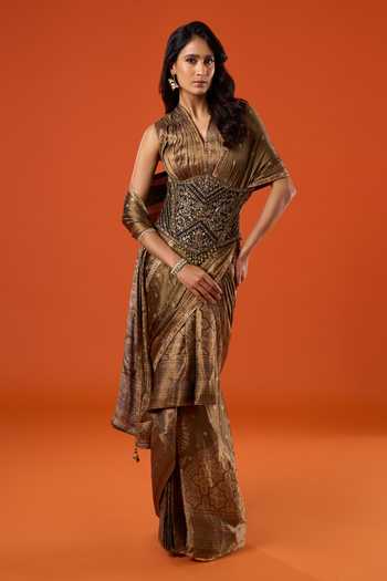 Shop_Tarun Tahiliani_Gold Zari, Sequins, Beads, Stones Floral Woven Pre-draped Saree With Blouse _Online_at_Aza_Fashions