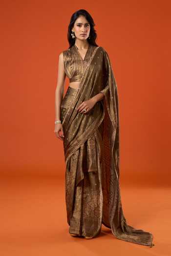 Tarun Tahiliani_Gold Zari, Sequins, Beads, Stones Floral Woven Pre-draped Saree With Blouse _at_Aza_Fashions
