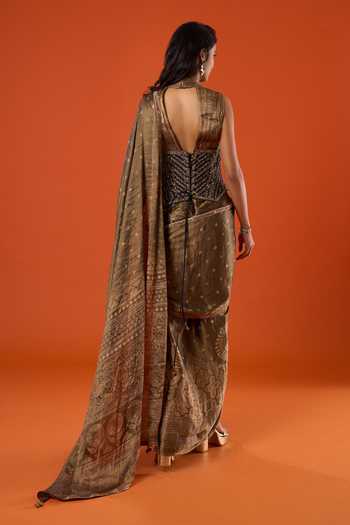 Tarun Tahiliani_Gold Zari, Sequins, Beads, Stones Floral Woven Pre-draped Saree With Blouse _Online_at_Aza_Fashions