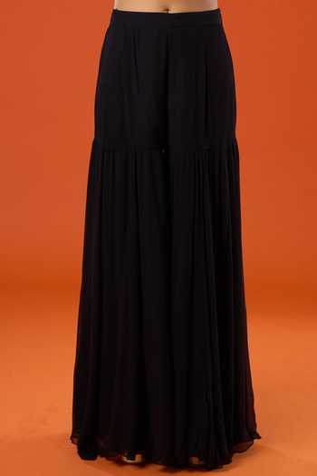 Buy_Tarun Tahiliani_Black Embroidery, Sequins, Zari V-, Halter Floral Kurta Sharara Set _Online_at_Aza_Fashions