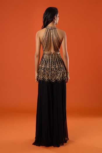 Tarun Tahiliani_Black Embroidery, Sequins, Zari V-, Halter Floral Kurta Sharara Set _Online_at_Aza_Fashions