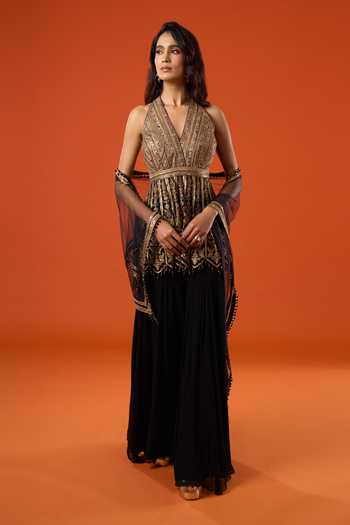 Shop_Tarun Tahiliani_Black Embroidery, Sequins, Zari V-, Halter Floral Kurta Sharara Set _Online_at_Aza_Fashions